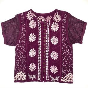 Vintage Boho Embroidered Bleach Mesh T Shirt